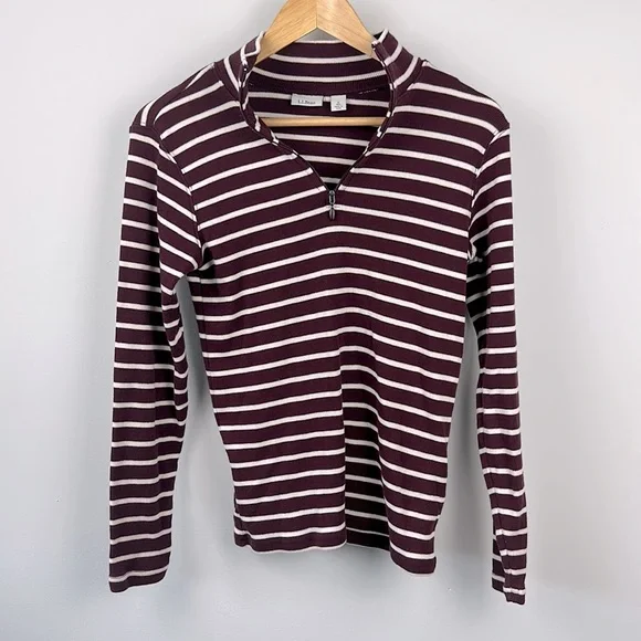 L.L. Bean 1/4 Zip Burgundy Stripped Sweater - Picture 1 of 6